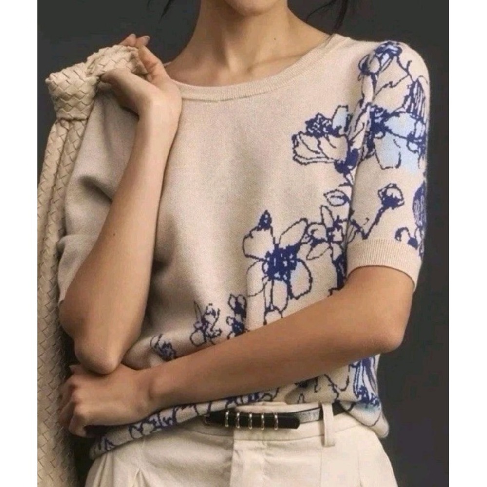 Maeve Sonal Nathwani Harmon Jacquard Sweater Tee XS Beige Blue Floral Top